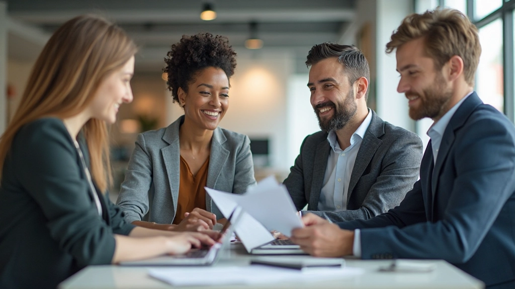 Leider in gesprek met teamlid, beide zitten aan tafel met notities en glimlachen vertrouwelijk