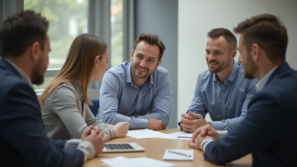 Team van diverse professionals in strategische discussie rond conferentietafel, notitieblokken zichtbaar
