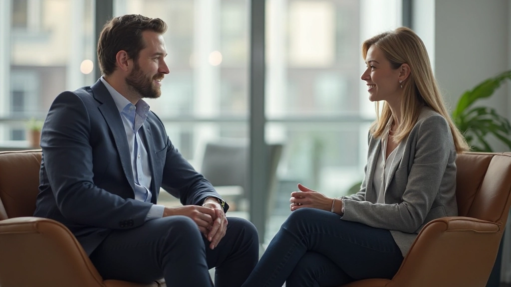 Leider en medewerker in één-op-één gesprek, beide zittend, positieve lichaamshouding, moderne kantooromgeving met grote ramen