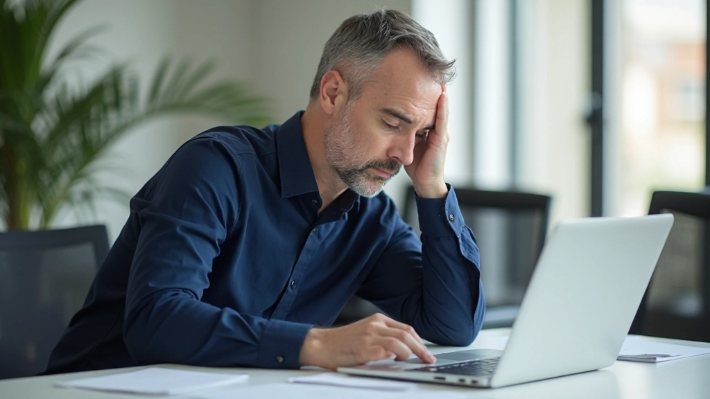 Manager aan bureau werkt gefocust aan laptop, professioneel, maar ziet er licht gestrest uit met veel notities eromheen