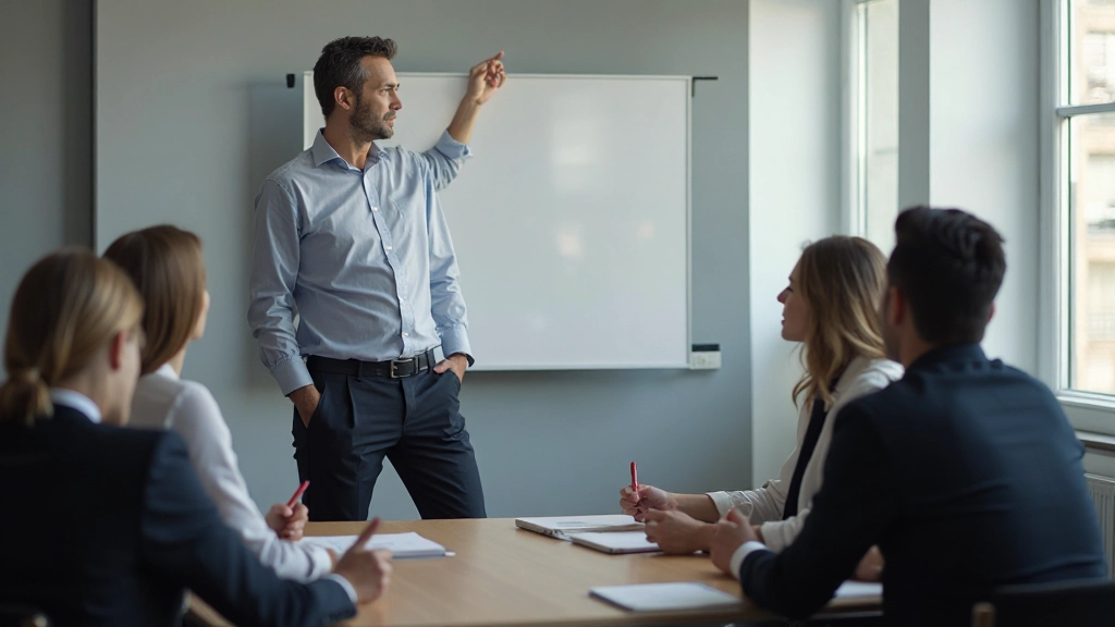 Manager leidt een trainingsessie met teamleden die aantekeningen maken aan een conferentietafel