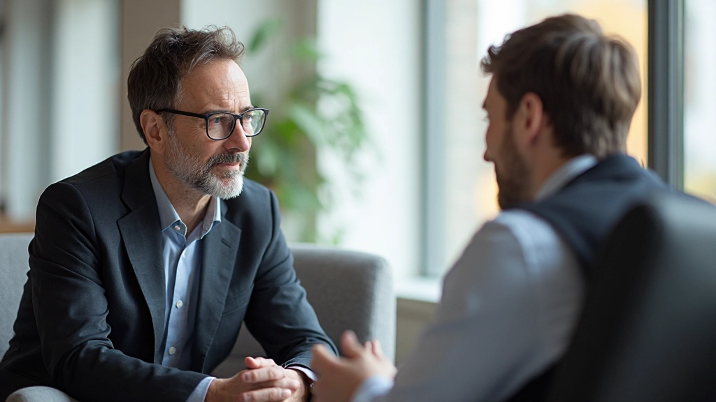 Professionele coach of mentor spreekt met jonge medewerker in kantoor setting