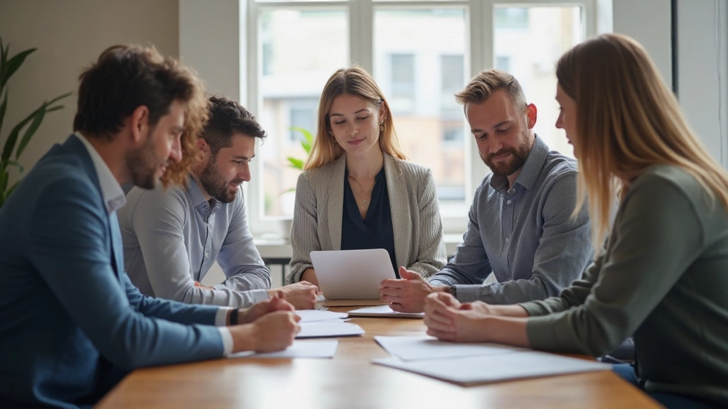 Professioneel team in vergadering rond tafel, mensen bespreken strategie met notities en laptop