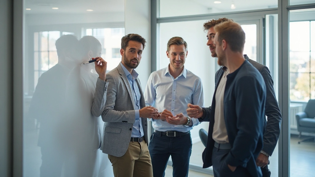 Teamleden werken samen aan project, een persoon schrijft op whiteboard terwijl anderen toekijken