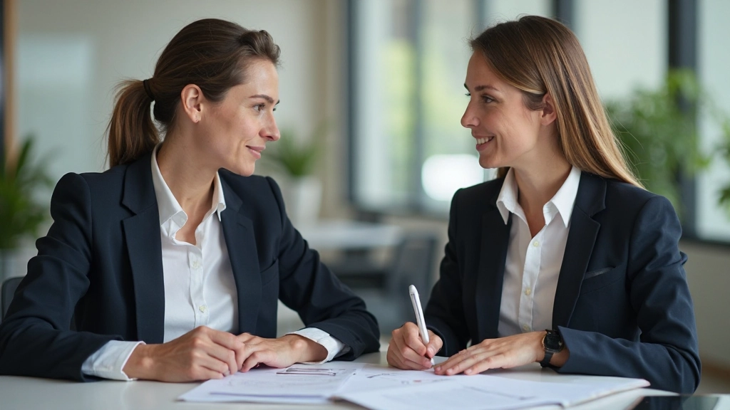 Twee collega's zitten tegenover elkaar aan een tafel met duidelijke doelstellingen en deadlines op papier